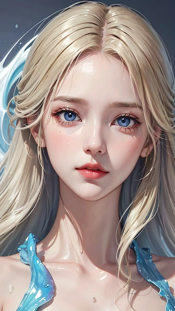 Beautiful female model with blonde hair, Hair with slight highlights, Gray-blue eyes, Medium mix, Wet paint, Gem beetle, Colored background, The color of the liquid flowing down her face., Photographed by Jinna Chan.. - At six p.m.&#39;clock