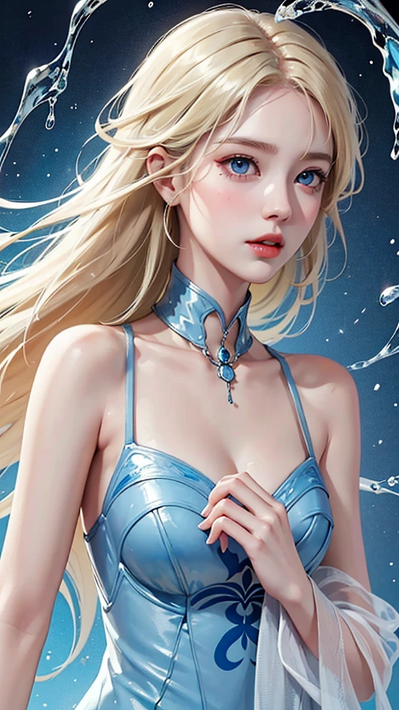 Beautiful supermodel woman with blonde hair, Hair with subtle highlights, Blue-gray eyes, Mixed Media, Wet paint, Jewel Beetle, Colored Background, The color of the liquid flowing on her face, photograph:Jinnah Chan. - At six o'clock