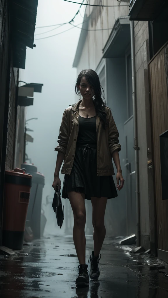 A girl walking in an alley. Garbage barrels. rain. Zombie standing, fine fog