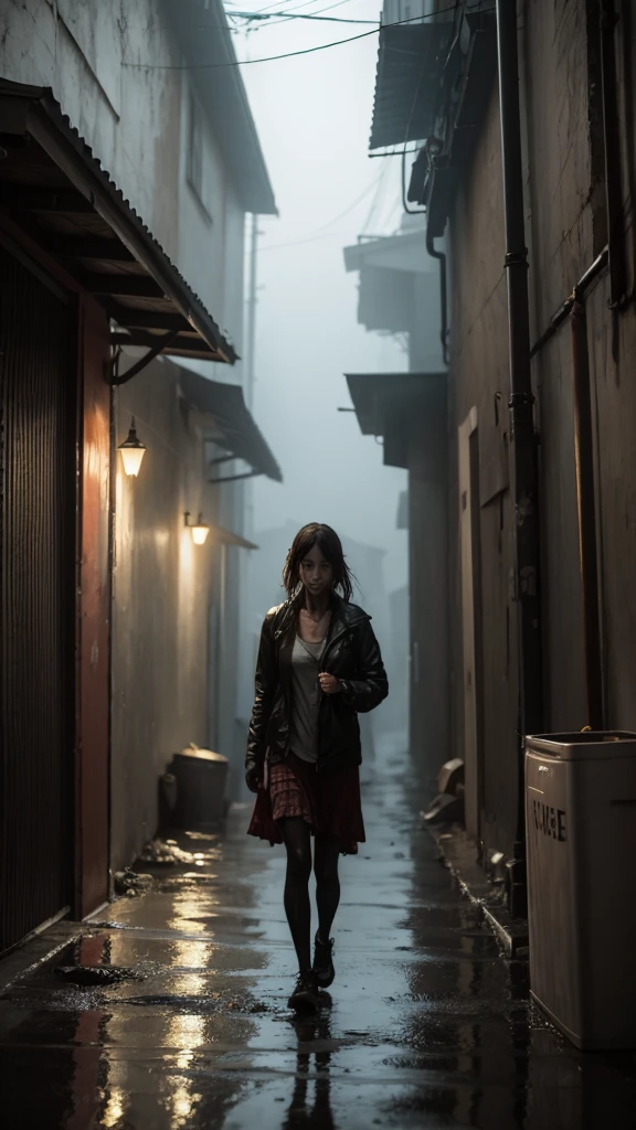 A girl walking in an alley. Garbage barrels. rain. Zombie standing, fine fog