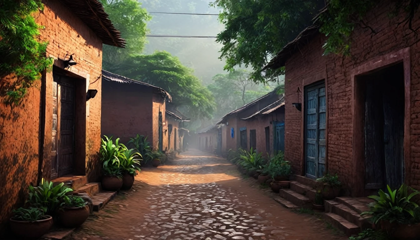 Create a digital artwork of a village street with numerous houses displaying 'Nale Ba' on their doors. The scene should depict a traditional Indian village, with rustic houses made of clay or brick, narrow paths, and simple surroundings. Each house should prominently feature the 'Nale Ba' message written on its door, creating an eerie and mysterious atmosphere. The overall mood should be quiet and slightly unsettling, with shadows and soft lighting adding to the intrigue.