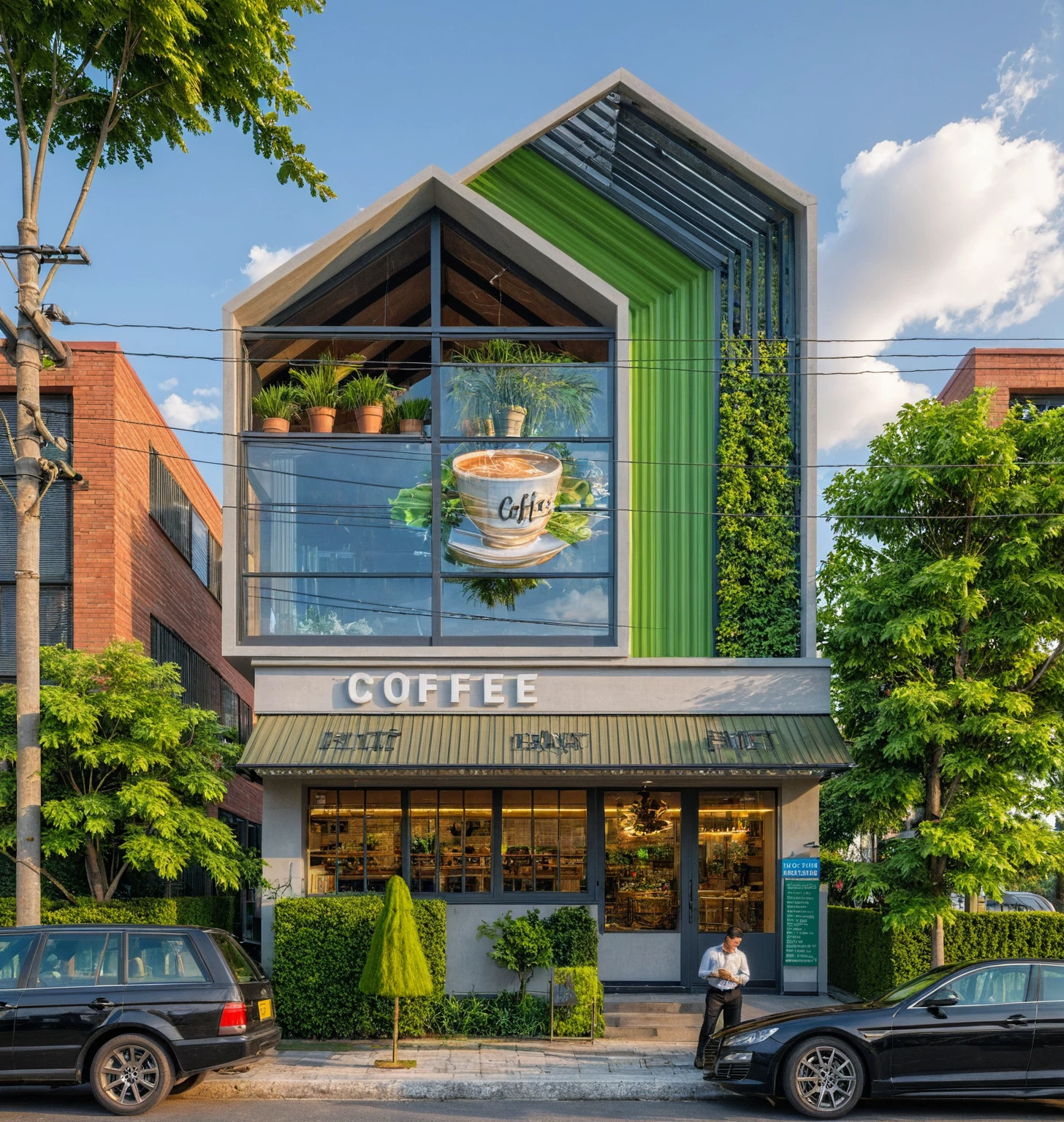 Masterpiece, high quality, best quality, authentic, realistic scene, coffee shop, super detail, outdoors, house on the street ,green wall, glass window, steel louver, road, pavement, grass, trees, sky, cloud, car (daylight:1.1)
