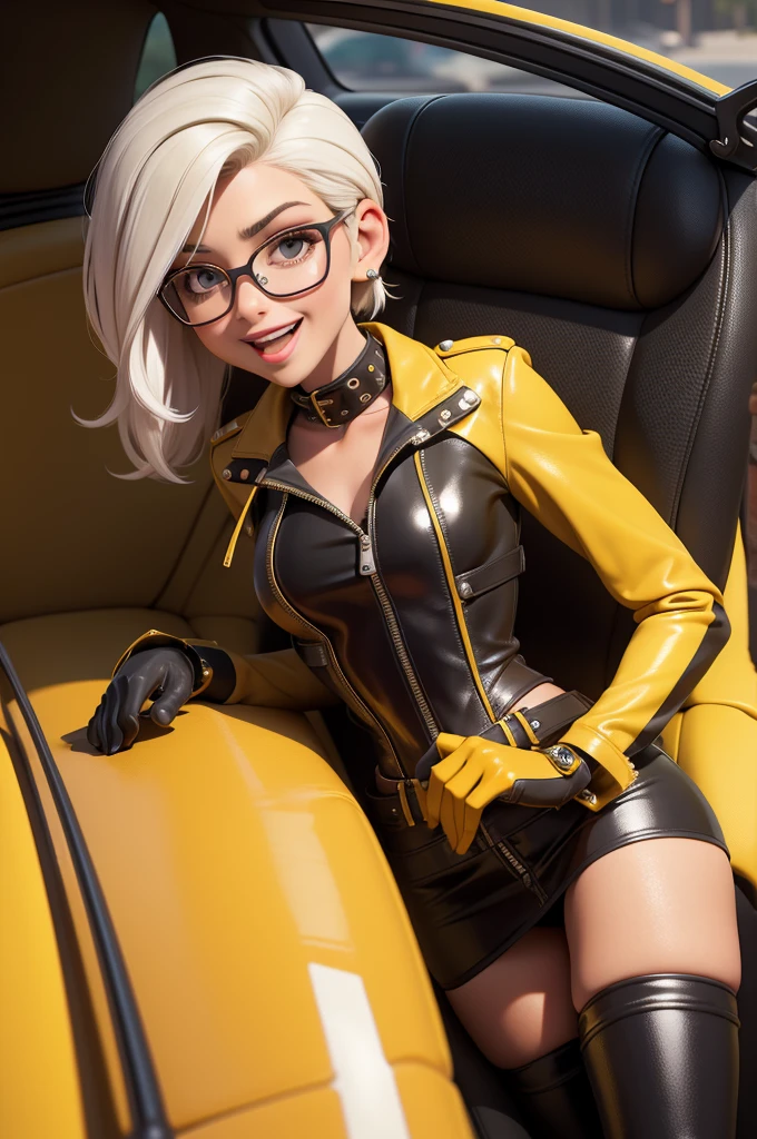 obra prima, melhor qualidade, (kat timpf 70yo) head back, big side smile, open mouth, short bleach white punk hair, black plastic glasses, leather bolero jacket, unbuttoned leather blouse, nipples, (shiny lime green leather,) studs zippers snaps, shiny leather gloves, body is skinny, reclining in car seat, arched back, hips twisted, stick shift, overhead camera view, looking down at me, shallow depth of field, highres, HD, 8k, anatomically correct