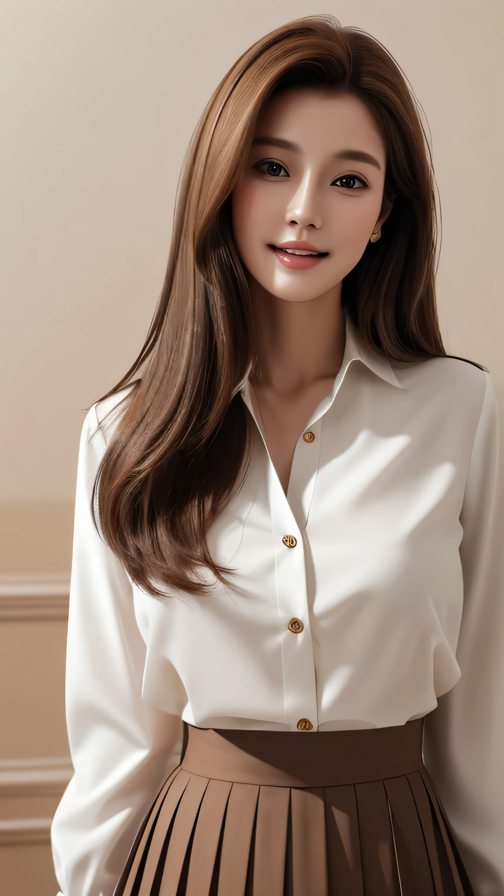 masterpiece, highest quality, Realistic, Super detailed, In detail, High resolution, 8k wallpaper, 1. Beautiful Women, Light brown hair, Sharp focus, Perfect dynamic composition, Beautiful fine details, Fine hair, Detailed and realistic skin texture, smile, Portraiture, Model Body Type,white long sleeve button up blouse_brown pleated mini skirt、full body portrait、look down at the viewer,from below、Long straight hair_Hair reaching down to the waist、