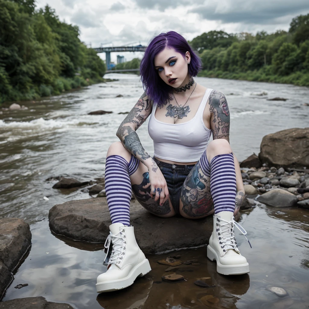 Alice in Wonderland curvy with pretty grunge style shapes with dark purple hair and blue eyes with lip frenum piercing and lots of tattoos wearing high white Doc Martens she is sitting by the river all in a sad atmosphere in cartoon style 
