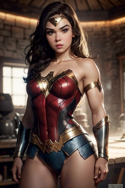 PhotoRealistic Art Style Best Qualit:1.3, Natural Beauty, Masterpiece, Full Body View Visible, Hailee Steinfeld, Perfectly Accurate Face Proportion,Realistic Light Hazel Brown Eyes, Thick Eyebrows, Brown hair, slim toned Thighs, tight ass, perky round breast , slim athletic body type, perfect body type, wonder woman, Contemplative Stance with Emphasis on Buttocks: In a relaxed yet thoughtful pose, Wonder Woman’s tight suit outlines the natural curves of her body, focusing on the shape of her buttocks. Her hand on her chin and the other arm crossed over her chest further accentuate the snug fit, highlighting her athletic build. Back view 