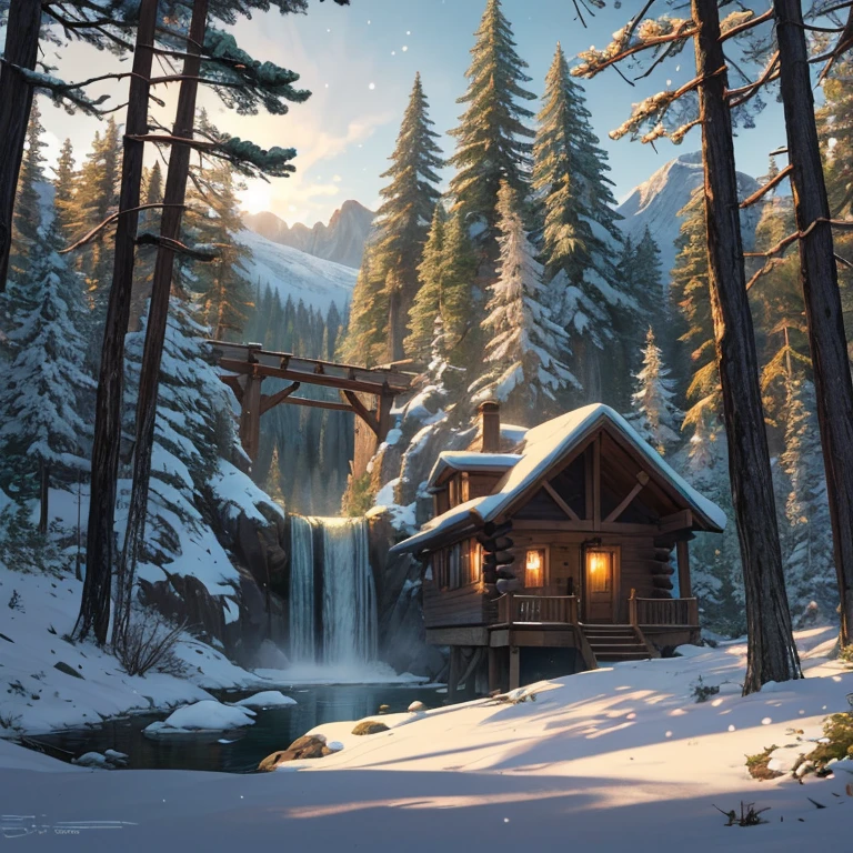 Majestic mountain scenery, serene landscape, rustic wooden cabin, cascading waterfall, lush green forest, snow-capped peaks, vibrant colors, intricate details, high-resolution, photorealistic, sunlight filtering through trees, tranquil, peaceful, atmospheric, nature's beauty, idyllic, picturesque, detailed textures, dynamic lighting, shadow play, immersive, breathtaking view, serene ambiance