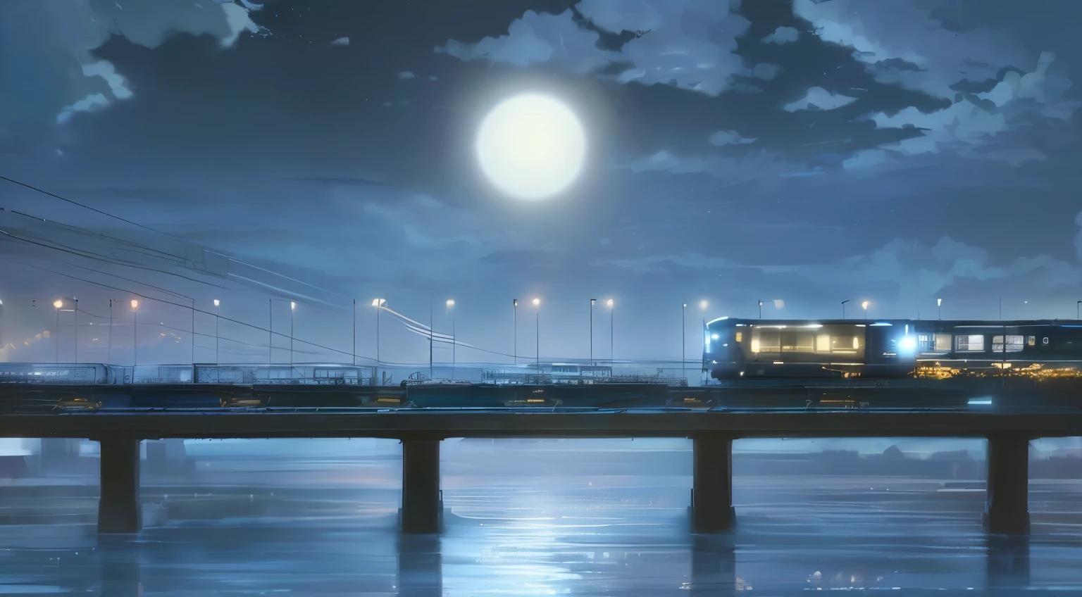nighttime scene of a train crossing a bridge over a river, style of makoto shinkai, inspired by Makoto Shinkai, mokoto shinkai, makoto shinkai. —h 2160, ( ( makoto shinkai ) ), makoto shinkai!, in style of makoto shinkai, makoto shinkai!!