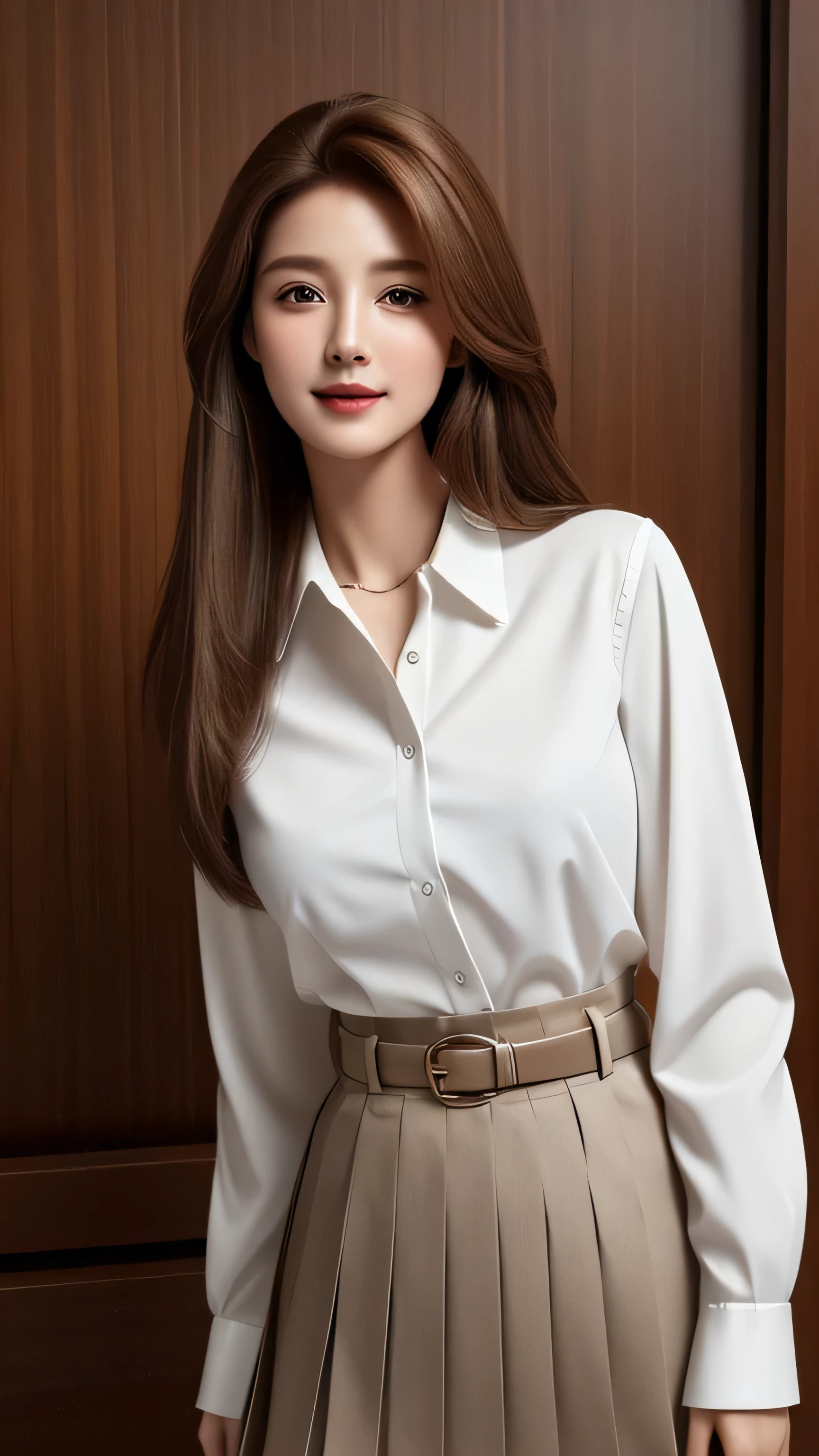 masterpiece, highest quality, Realistic, Super detailed, In detail, High resolution, 8k wallpaper, 1. Beautiful Women, Light brown hair, Sharp focus, Perfect dynamic composition, Beautiful fine details, Fine hair, Detailed and realistic skin texture, smile, Portraiture, Model Body Type,white long sleeve button up blouse_brown pleated mini skirt、full body portrait、look down at the viewer,from below、Long straight hair_Hair reaching down to the waist、