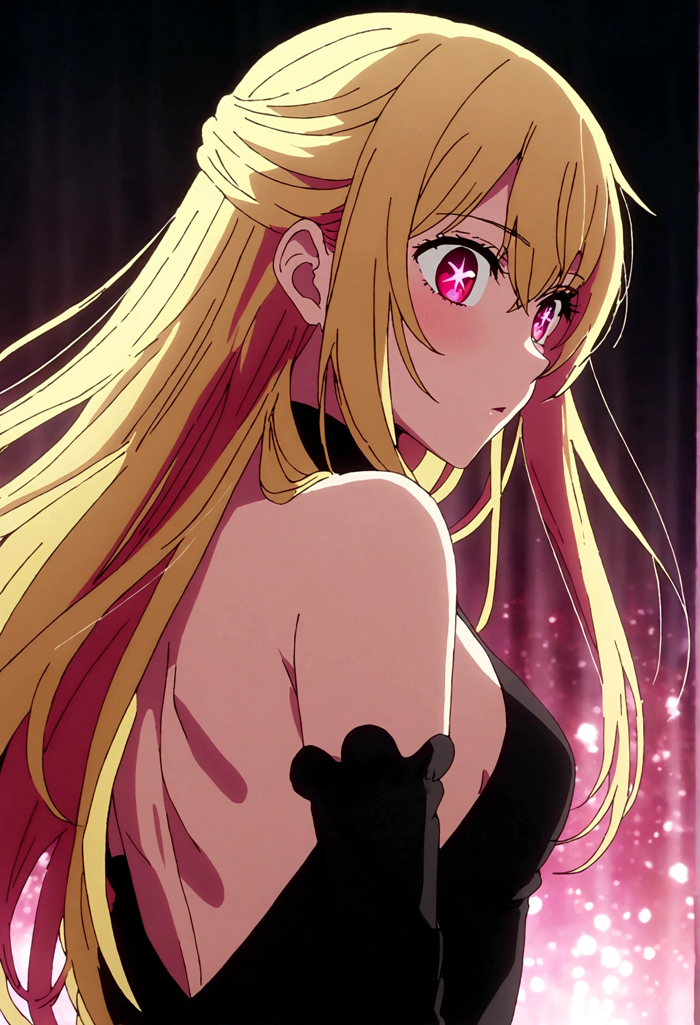 hoshinoruby, star-shaped pupils, ruby_hoshino, blonde hair, bangs, 1girl, pink eyes, long hair, backless, 