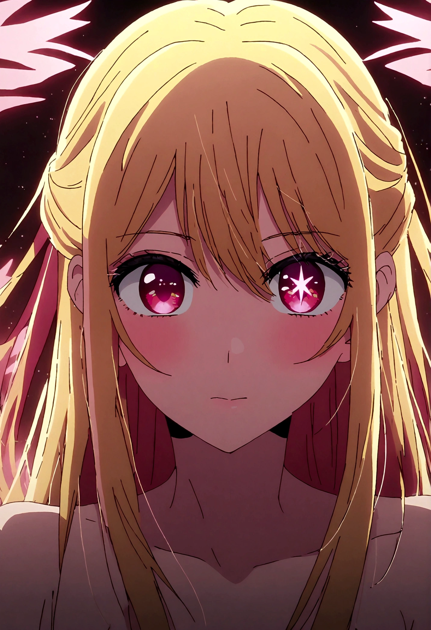 hoshinoruby, star-shaped pupils, ruby_hoshino, blonde hair, bangs, 1girl, pink eyes, long hair, backless,