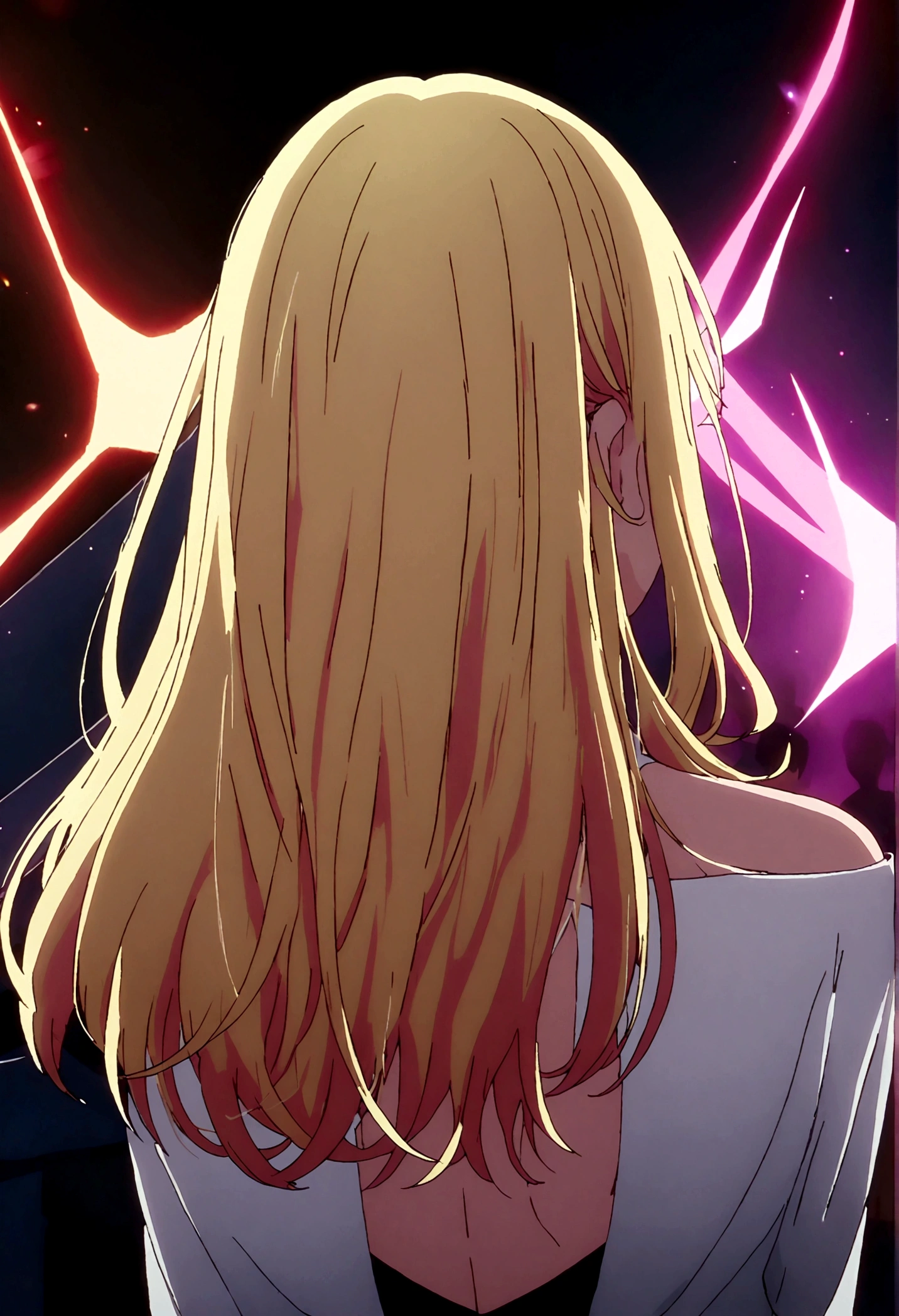 hoshinoruby, star-shaped pupils, ruby_hoshino, blonde hair, bangs, 1girl, pink eyes, long hair, backless, 