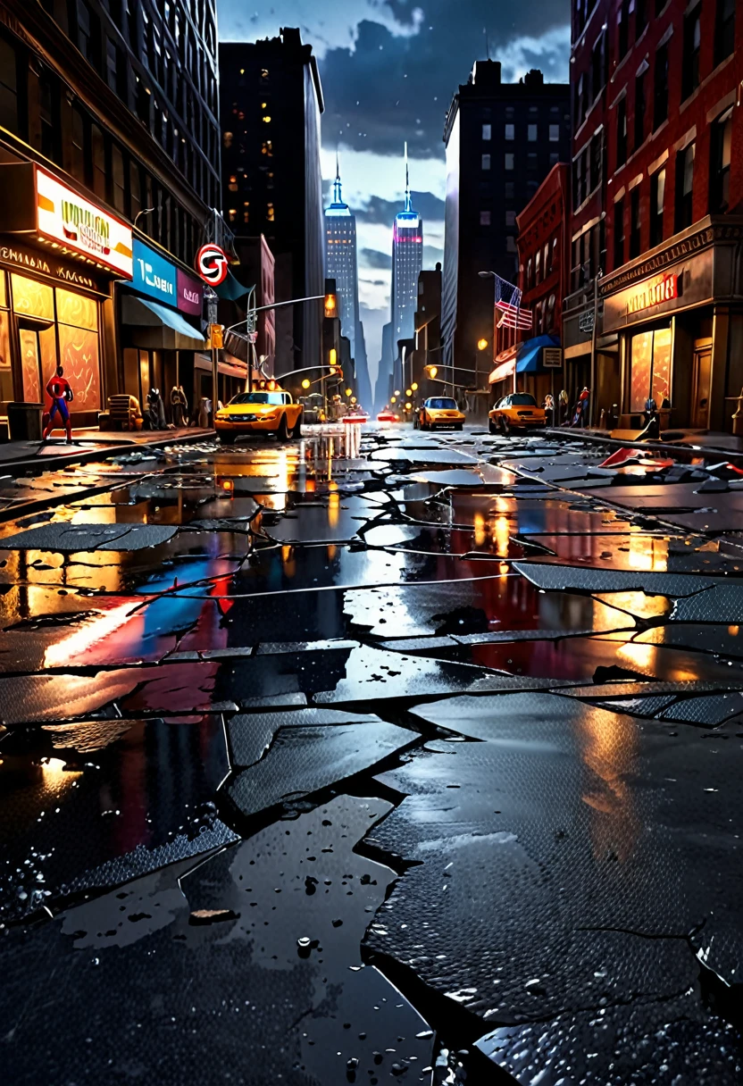 A New York street at night, after a superhero battle, with damaged buildings, debris and rubble on the cracked asphalt, looking down the street stretching to the horizon