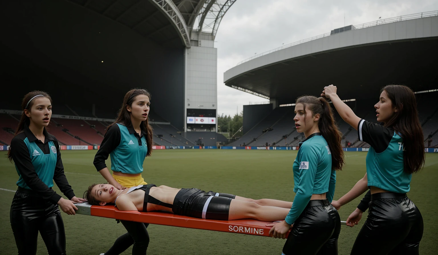 a horizontally lying wounded male soccer player, a soccer scene in a german sports stadium, injury scene in a sports stadium, stretcher carry, an injured soccer player is lying head first on his back on a stretcher and is covering his head with the hand, there are four young schoolgirls in shiny leather-trousers carrying a stretcher, there are four longhaired schoolgirls in high-shine latex-leggings who are carrying a stretcher in a german sports stadium, there is a wounded male soccer player in a short sports outfit lying head first on the stretcher, an injured male soccer player is lying head first on his back on a stretcher and is covering his agonised face with a hand, a soccer player is rearing up in intense pain while lying head first on his back on a stretcher and covering his head with a hand, dramatic scene, theatralic posing scene, dramatic pity scene, injury soccer, first aid, help, pity, there are four very angry looking schoolgirls in shiny latex-trousers who are looking very sad and very terrified and very shocked, the injured soccer player is screaming out in pain while he is carried from the pitch on a stretcher