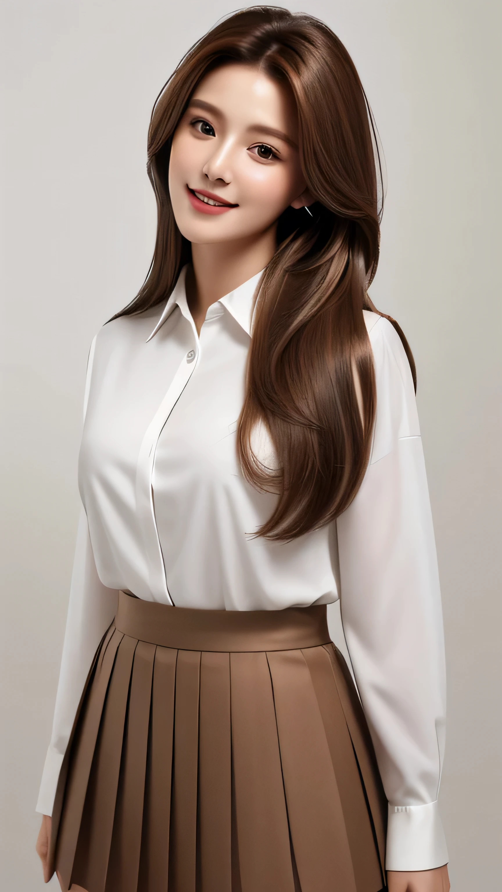 masterpiece, highest quality, Realistic, Super detailed, In detail, High resolution, 8k wallpaper, 1. Beautiful Women, Light brown hair, Sharp focus, Perfect dynamic composition, Beautiful fine details, Fine hair, Detailed and realistic skin texture, smile, Portraiture, Model Body Type,white long sleeve button up blouse_brown pleated mini skirt、full body portrait、From an oblique angle above、Long straight hair_Hair reaching down to the waist、