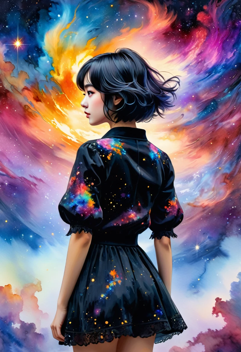 ((view from the back)): [Young 1girl, Cute Black Chaos Bob To The Wind, baroque:20]:BG[Nebula IC434] (Art by Slawomir-Maniak), Lush watercolor palette canvas/acrylic, Intricate, Extreme detailing, Complex key, ((Single Shot)), ((Best Quality)), ((Masterpiece)) , ( (Realistic)), (IDEAL), 8K, impressionism: 0.2 Обои Full HD