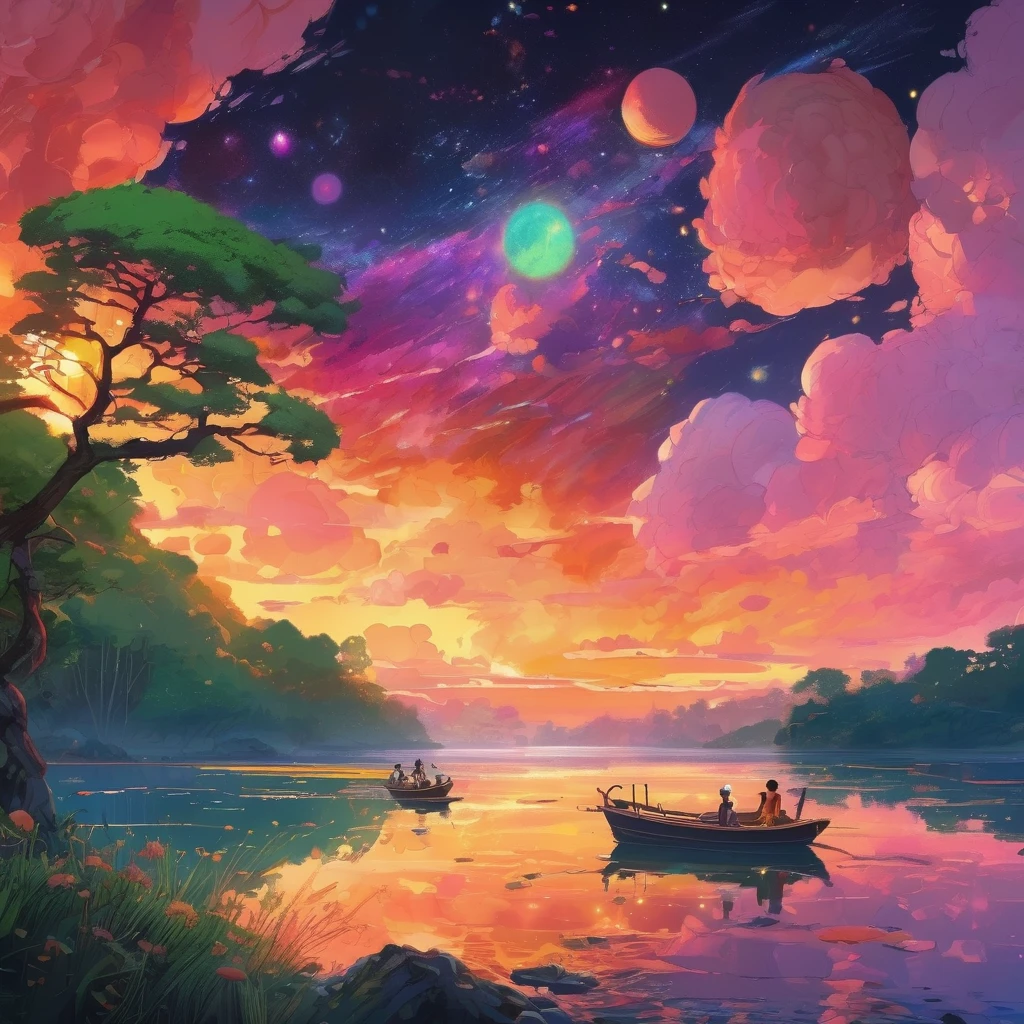 Halloween Theme, Beautiful and majestic river scenery, Nebula and starry sky, My heart expands, Optical art, Art Nouveau, Psychedelic Art, Kaleidoscope, bright, green, pink, purple, Orange and yellow, Golden Ratio, False details, Trending pixiv fanbox, Acrylic Palette Knife, style of makoto shinkai studio ghibli genshin impact james gilleard greg rutkowski chiho aoshima