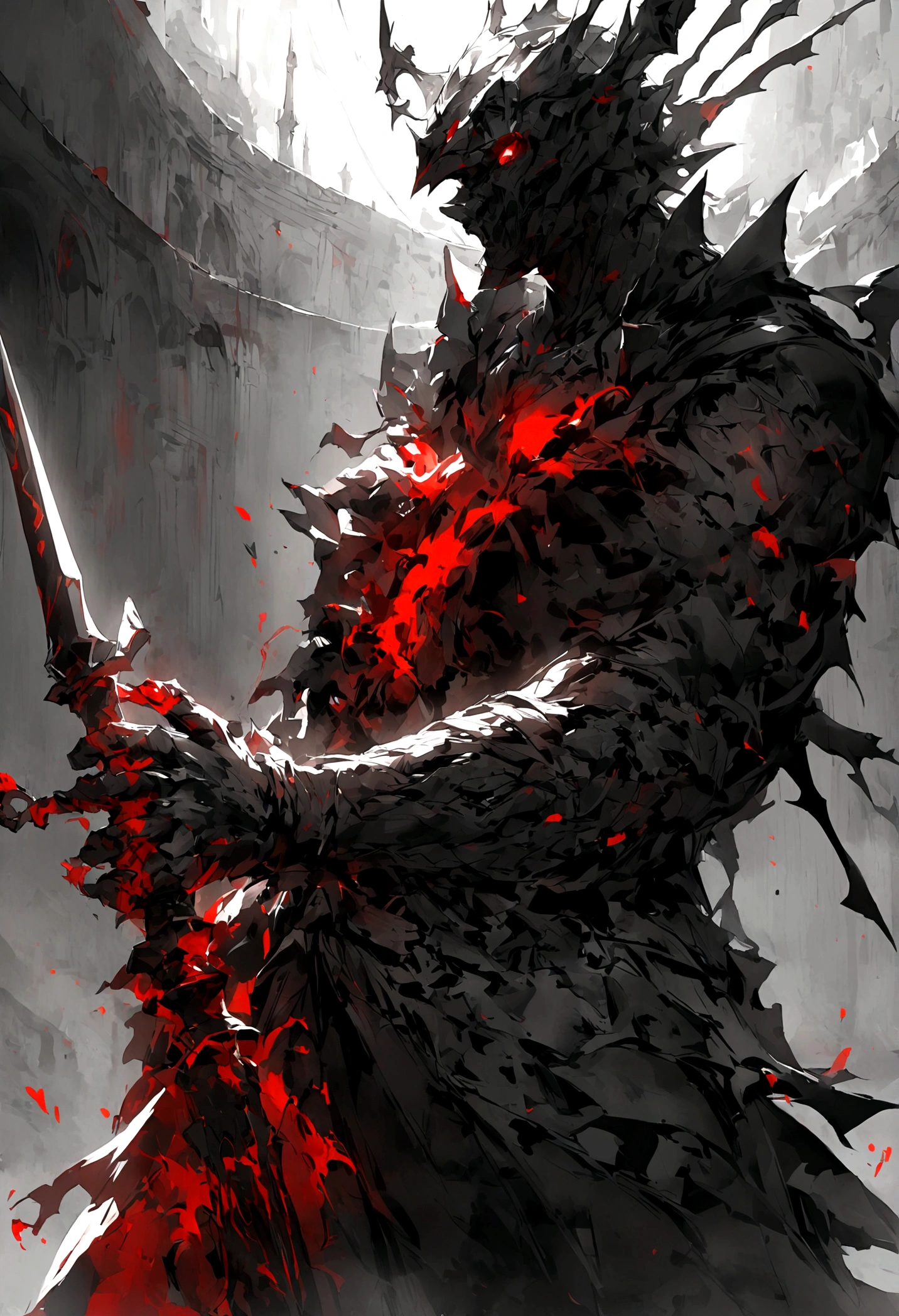 Black and white style，((Red blood))，despair， swordsman，1boy