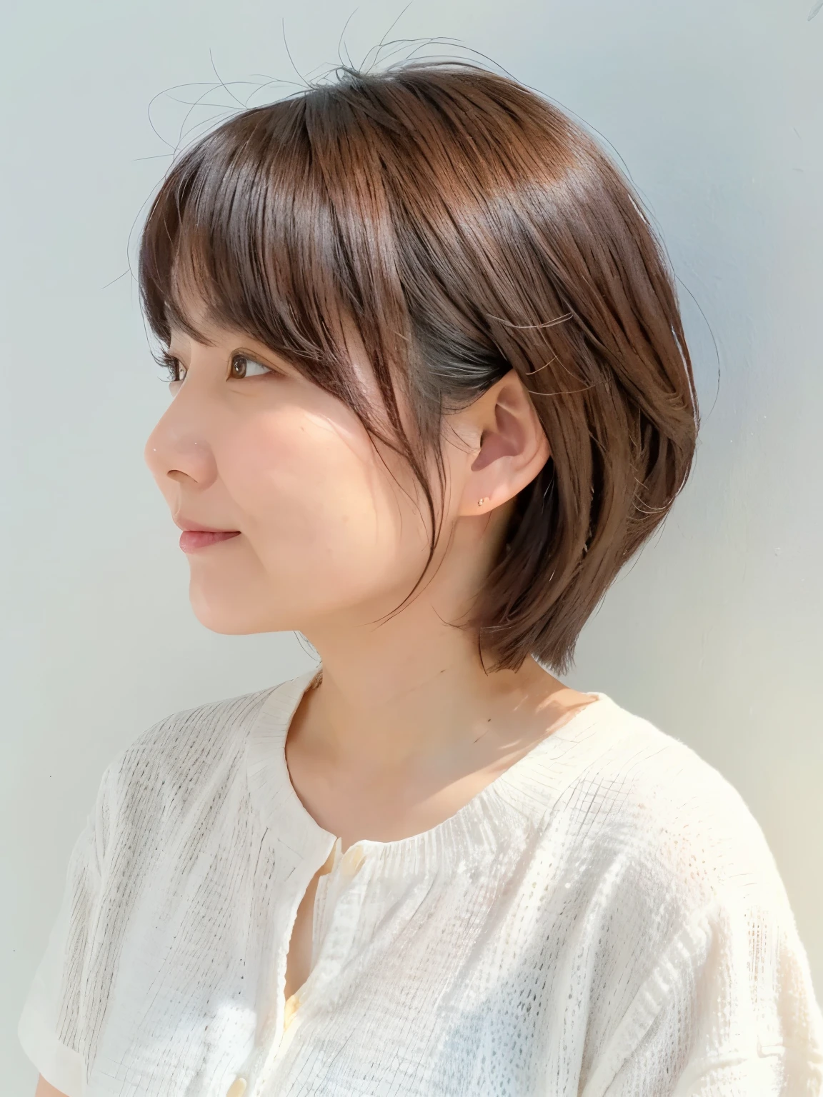 A slightly overweight Japanese woman in her 40s, Good wife, Cute Face, Detailed face, fine grain, Neat, Short sleeve white shirt, early summer, Fine weather, sunny, Photographed in front of a white wall, Portraiture、Photographed in natural light、Tabletop、cardigan、profile、Fluffy hair