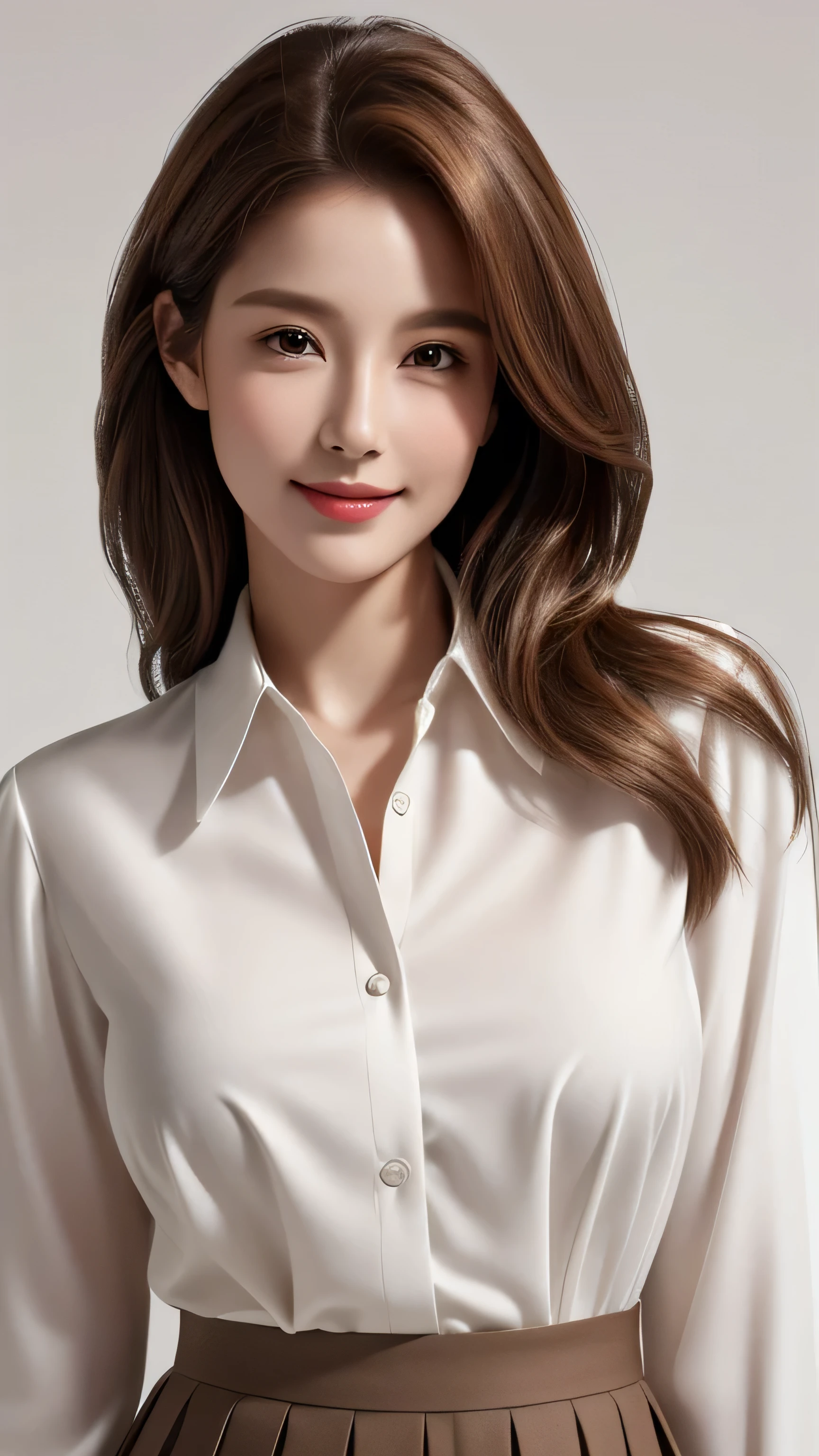 masterpiece, highest quality, Realistic, Super detailed, In detail, High resolution, 8k wallpaper, 1. Beautiful Women, Light brown hair, Sharp focus, Perfect dynamic composition, Beautiful fine details, Fine hair, Detailed and realistic skin texture, smile, Portraiture, Model Body Type,white long sleeve button up blouse_brown pleated mini skirt、full body portrait、From an oblique angle above、Long straight hair_Hair reaching down to the waist、arms up