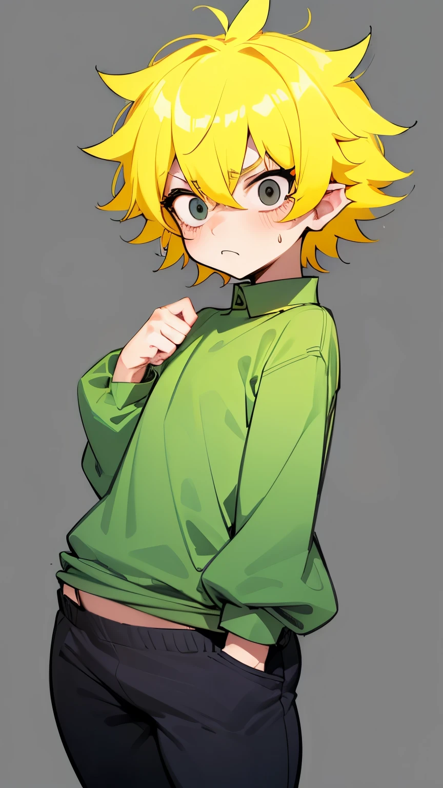 Tweek tweak, south park,(solo human male),1boy,solo,half body, lower body,widen eyes,creepy eyes,innocent wide eyes, short eyelashes, (scared, nervous expression), (golden yellow short hair, spiky hair, neon yellow hair),blush,femboy,frown, standing, eyebags, (scared), (navy green buttoned shirt, long sleeves, pants),bulge,flat chest,(flat colors, simple shading), (messy hair, rough messy hair, hair, spikey hair, fluffy hair),male solo, (short bangs, cut bangs), (messy spiky hair:1.1),thick thighs,wide thighs, wide hips, (large thighs, thick thighs, wide hips:1.1), thick body, wide hips) curvy, (thick thighs:1.0),(surprised eyes),frown,light blush, (widen eyes, shrunken eyes:1.1), black eyes, (shota, small male, short, boy, solo male), (surprised eyes), absurdres, ultra-highres,best quality, solo, nice hands, perfect hands, curvy