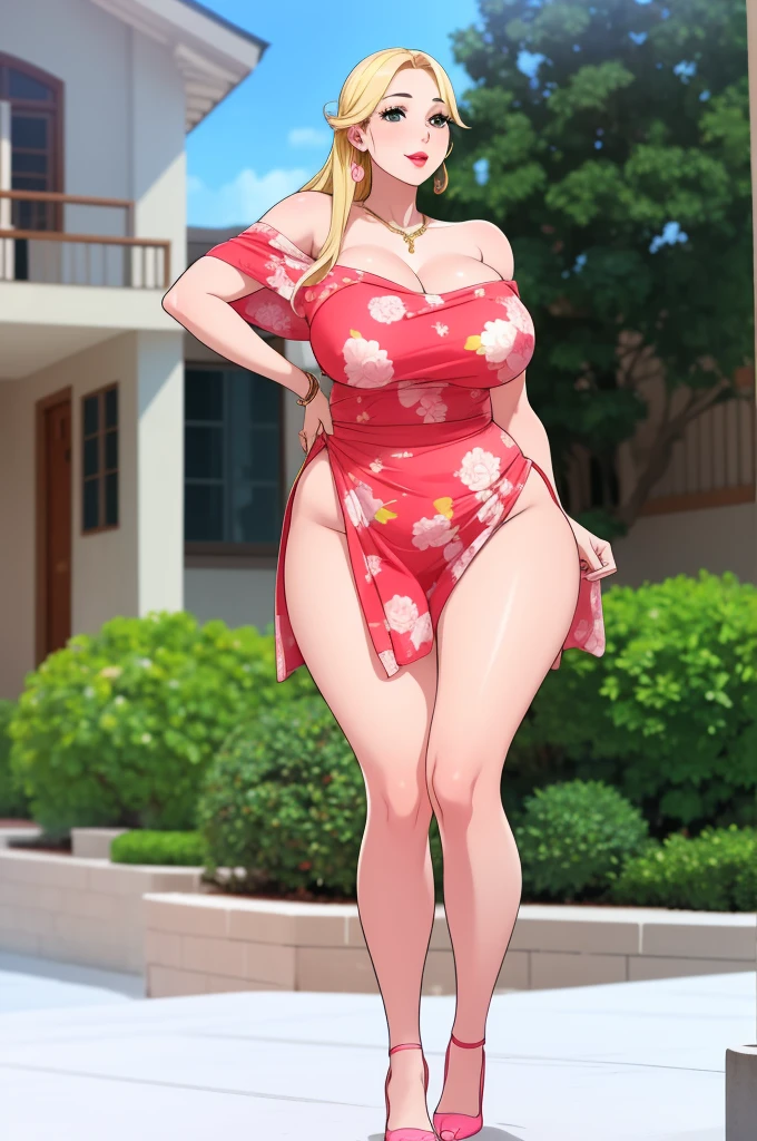 An extremely beautiful busty woman with gold blonde long silky hair, blue oceanic eyes, extremely super bright snow white fair stunning flawless glowing lush shiny white skin, and complexion, a perfect tight hourglass figure, a thick plump ass, cleavage, and perfect hips, yellow heels, jewelry on the neck, gold bangles on her wrist, and anklets on her legs, gold earrings, a cute adorable smile, pink puffy lips, pink nails, red rose on hair, wearing a short sexy loose revealing sky-blue floral dress along with a pink sash around the waist and a white off-shoulder sweater, standing straight pose, hands joined together, looking at the viewer, big garden in the background, day time, show full body from head to feet.