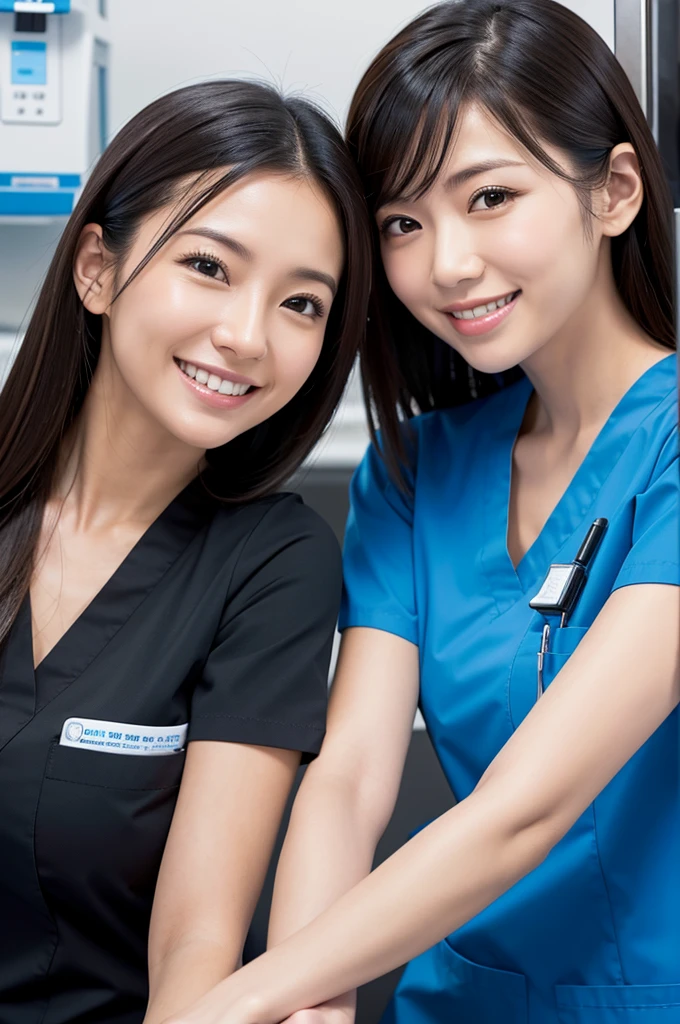 Dental hygienist, only two women Side by side, smiling, wearing light blue medical scrubs Light blue, short sleeves, cute, Japanese, black hair, female, early 40s Upper body close-up high resolution Highest quality Don't press your face too much