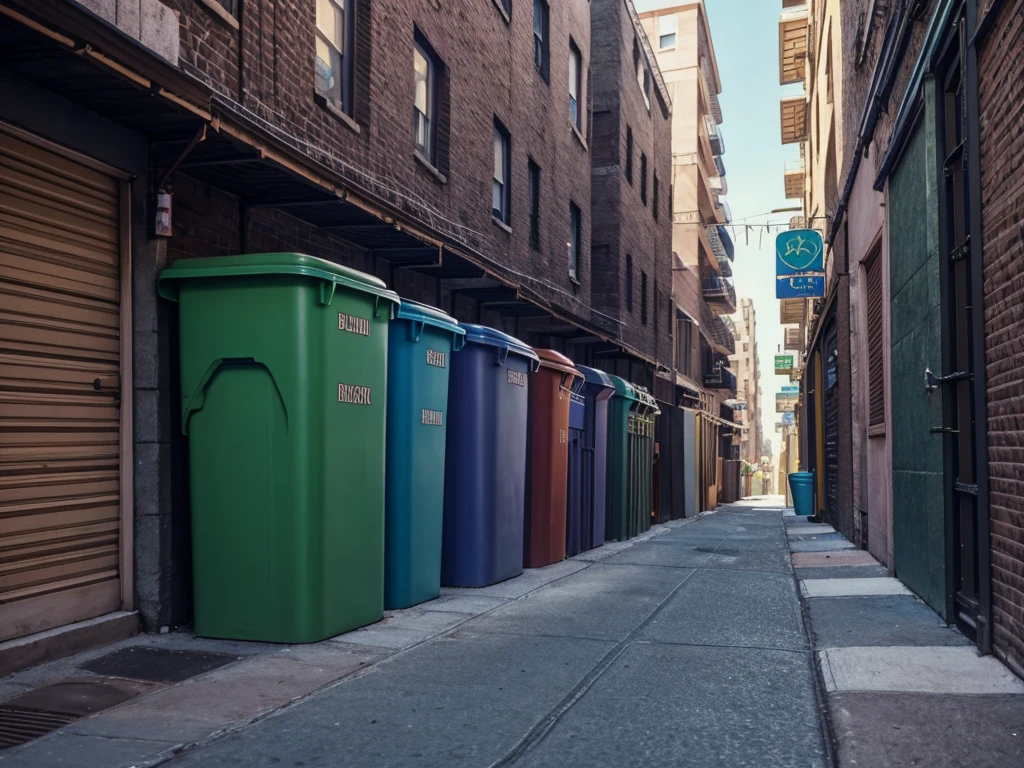 Generate a pastel colored city street with garbage cans and buildings, street background, back alley, 2d game background, grimy streets backdrop, background art, shady alleys, background canon, random background scene, very detailed backgrounds, cartoon network stillframe, new york alleyway, alleys, city street view background, alleyway, detailed backgrounds, 2 d game art background, hyperrealism, hyper detailed, realistic, HD resolution, 4k, ultrarealistic quality