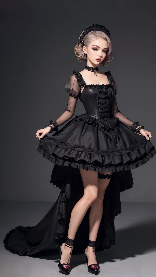 Gothic girl, 1 girl, brunette, ultra realistic, ultra detailed, best quality, 8k, wallpaper, standing, front, legs together, black dress, short dress, tight dress, multicoloured hair, Gothic ta, RAW, seminu