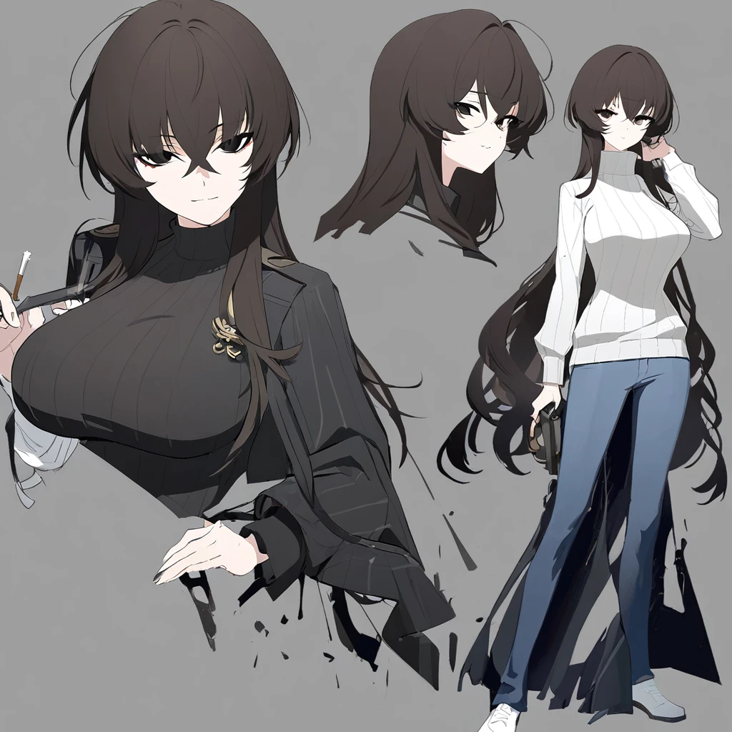 One Woman,Downer,older sister,Concept Art,Dark brown hair,Straight hair with slight inward curls,Staring eyes,Eye Ridge,black eye,Crossed bangs,whole body,smile,Larger breasts,Gray background,Bangs that reach down to the eyes,Messy hair,Perfect dark jeans,Light brown turtleneck sweater,Multiple views of the same character,Character Design,Dark circles under the eyes,Bad look,Listless,Sloppy,accessories,Arknights Wind,Cafe staff,Holding a cigarette,whole bodyCharacter Design,Detailed hands,