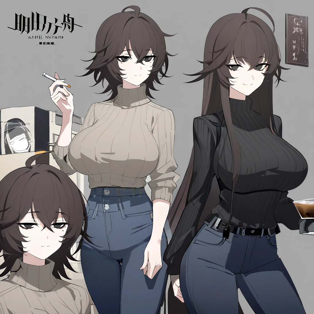 One Woman,Downer,older sister,Concept Art,Dark brown hair,Straight hair with slight inward curls,Staring eyes,Eye Ridge,black eye,Crossed bangs,whole body,smile,Larger breasts,Gray background,Bangs that reach down to the eyes,Messy hair,Perfect dark jeans,Light brown turtleneck sweater,Multiple views of the same character,Character Design,Dark circles under the eyes,Bad look,Listless,Sloppy,accessories,Arknights Wind,Cafe staff,Holding a cigarette,whole bodyCharacter Design,Detailed hands,