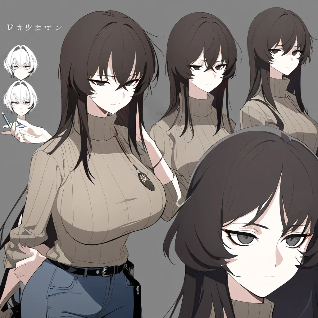 One Woman,Downer,older sister,Concept Art,Dark brown hair,Straight hair with slight inward curls,Staring eyes,Eye Ridge,black eye,Crossed bangs,whole body,smile,Larger breasts,Gray background,Bangs that reach down to the eyes,Messy hair,Perfect dark jeans,Light brown turtleneck sweater,Multiple views of the same character,Character Design,Dark circles under the eyes,Bad look,Listless,Sloppy,accessories,Arknights Wind,Cafe staff,Holding a cigarette,whole bodyCharacter Design,Detailed hands,