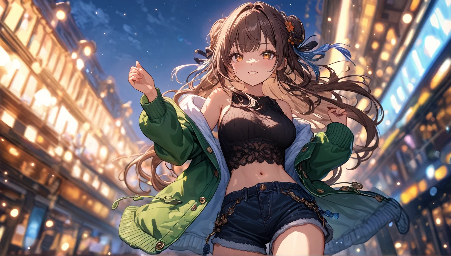 ((masterpiece:0), best quality, very aesthetic, newest, absurdres, detailed, high quality)
BREAK
highest quality, top quality, details, highres, ultra fine painting, digital art, official art, cinematic, 4k, 8k resolution, 8K CG wallpaper, CG, original artwork, detailed background, High Dynamic Range, blurry background, golden hour, blue hour, Starburst effects, crepuscular rays, good ISO, high resolution, wide shot, from far away, epic lighting, RAW photo, POV, sharp focus, lens flare, light reflection, reflections, light source, intricate details, hard light, particle noise, professional photography, bokeh, depth of field, good lighting, hard colors, looking away, detailed lights and shadows, stylish, ultra-detailed, Pixiv, trending art, niji style, modern-days, master crafted, pose
BREAK
solo, 1girl, a girl, correct fingers, detailed eyes, (medium big breasts:1.2), big thighs, short torso, short body, flushtered smile, warm happy expression, casual, (cute, slim), childish face, nice hips, nice body, brown hair, (long flowing hair:1.1), big 2 buns hairstyle, long bangs, long hair, middle hair bangs, brown eyes, dynamic pose, full body
BREAK
(black string tank top, off shoulder open green hoodie, tummy skin:1.1, open unbuttoned shorts, outfit ornaments)
BREAK
Background