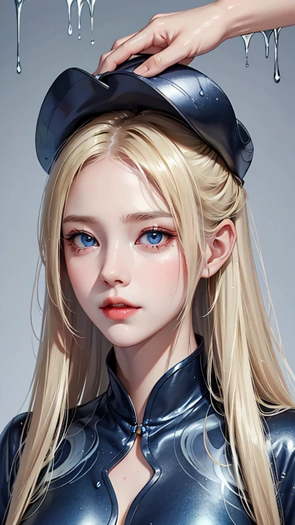 Beautiful female model with blonde hair, Hair with slight highlights, Gray-blue eyes, Medium mix, Wet paint, Gem beetle, Colored background, The color of the liquid flowing down her face., Photographed by Jinna Chan.. - At six p.m.'clock,Big tits