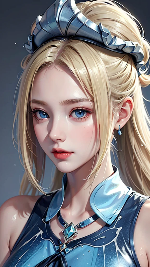 Beautiful female model with blonde hair, Hair with slight highlights, Gray-blue eyes, Medium mix, Wet paint, Gem beetle, Colored background, The color of the liquid flowing down her face., Photographed by Jinna Chan.. - At six p.m.'clock,Big tits