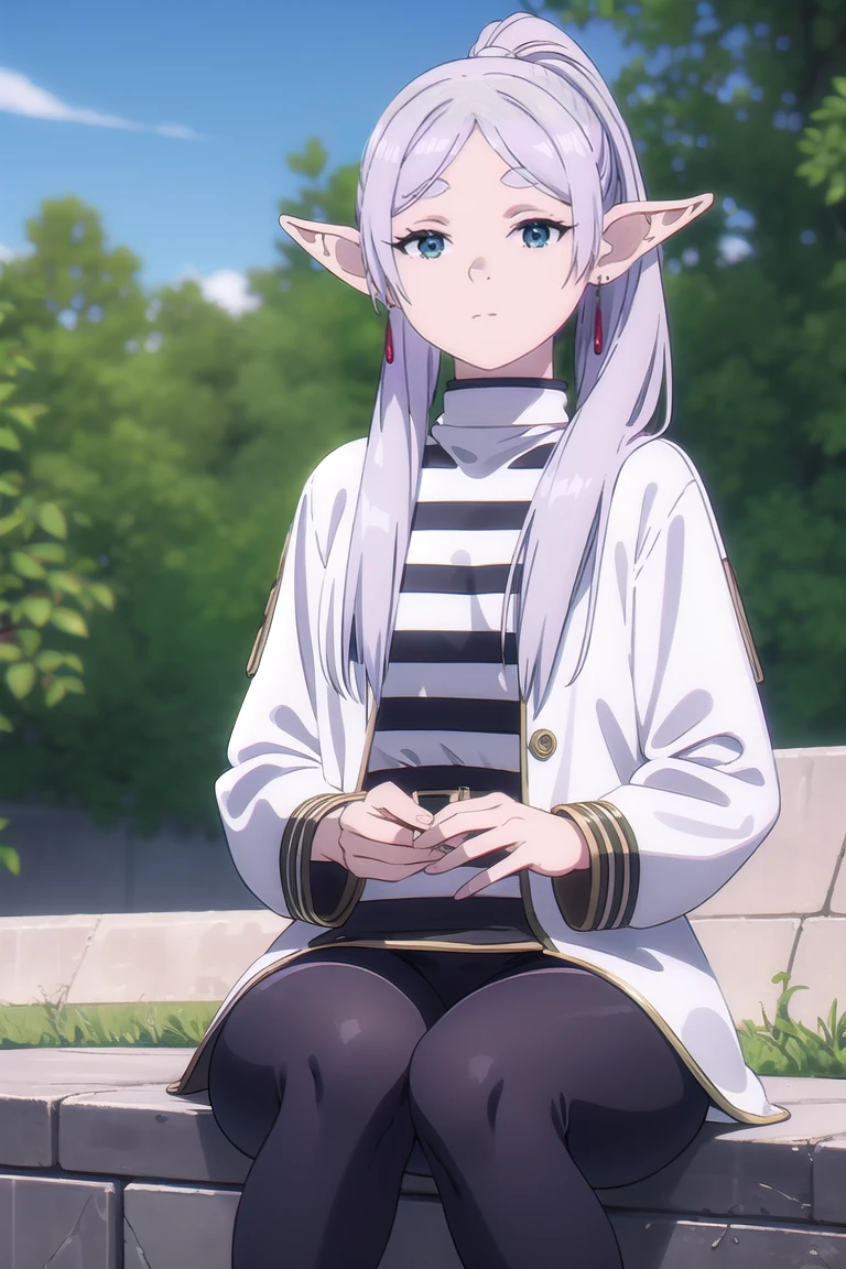 to freeze, to freeze, long hair, ponytail, (green eyes:1.5), White hair, pointed ears, elf,
BREAK shirt, Long sleeves, JEWELRY, tights, Earrings, striped, black tights, lure, striped shirt,
BREAK looking at viewer, Upper body, whole body,
BREAK outdoors, sky, nature,
BREAK (masterpiece:1.2), Best quality, a high resolution, unity 8k wallpaper, (illustration:0.8), (beautiful detailed eyes:1.6), very detailed face, Ideal lighting, extremely detailed computer graphics, (Perfect hands, perfect anatomy),