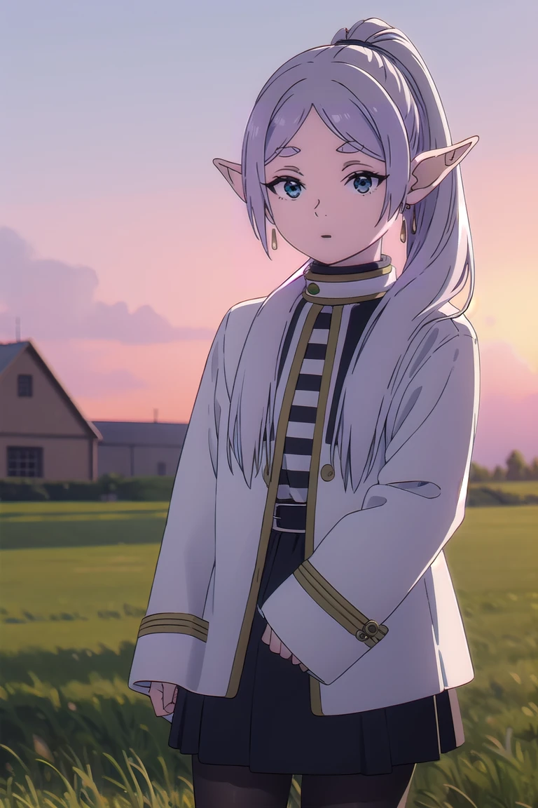 to freeze, to freeze, long hair, ponytail, (green eyes:1.5), White hair, pointed ears, elf,
BREAK shirt, Long sleeves, JEWELRY, tights, Earrings, striped, black tights, lure, striped shirt,
BREAK looking at viewer, Upper body, whole body,
BREAK outdoors, sky, nature,
BREAK (masterpiece:1.2), Best quality, a high resolution, unity 8k wallpaper, (illustration:0.8), (beautiful detailed eyes:1.6), very detailed face, Ideal lighting, extremely detailed computer graphics, (Perfect hands, perfect anatomy),