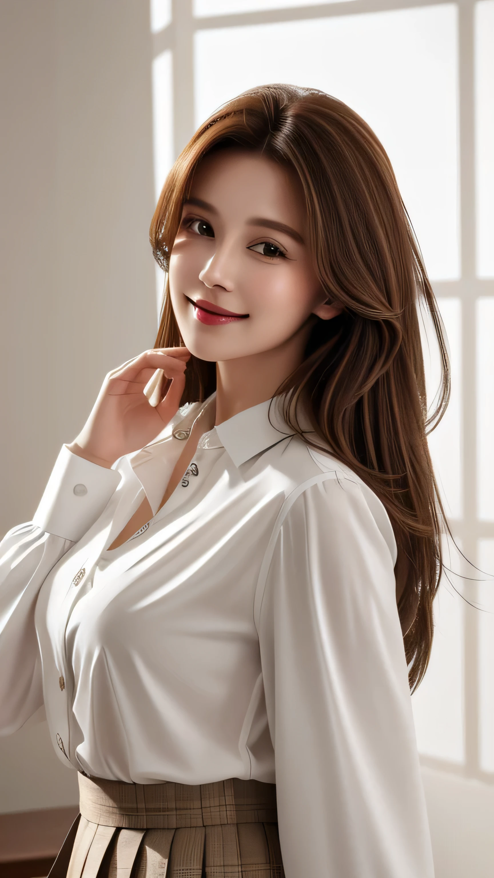 table top, highest quality, realistic, Super detailed, finely, High resolution, 8k wallpaper, 1 beautiful woman,, light brown messy hair, He is wearing an open-collar dress shirt., sharp focus, perfect dynamic composition, beautiful and detailed eyes, thin hair, Detailed realistic skin texture, smile, close-up portrait, model body shape