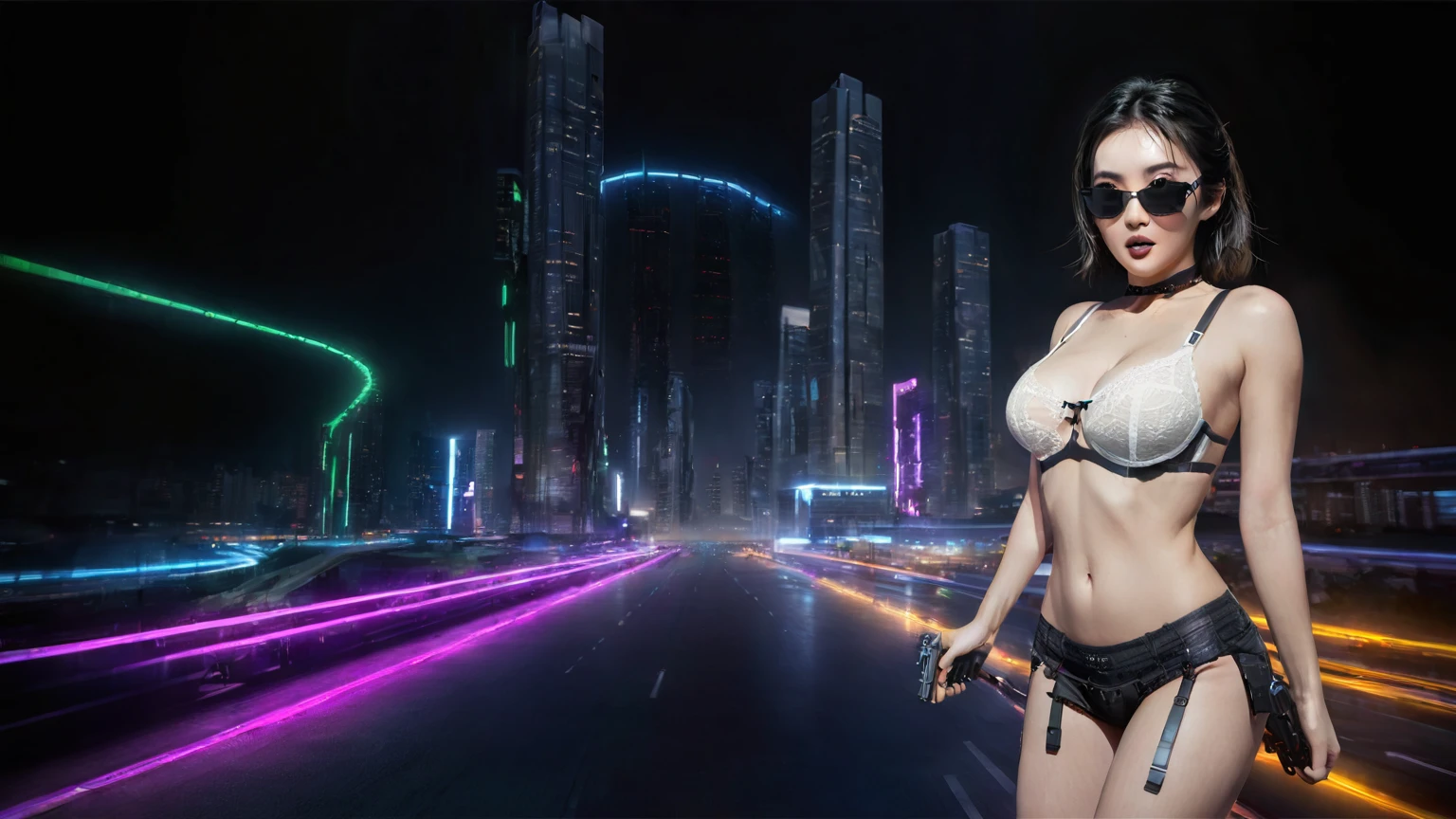 UE 5, computer render, Rendered by Octane, (8K, tmasterpiece), (realistically, Photo degree:1) luminescent concept art, (((((aerial view))))) of Cyberpunk city scene, ((Surreal circuit architecture)), (((((supercars street racing, 1 drone))))). Matrix style, (((((Matrix cascading code))))), (((((a futuristic twin tower skyscraper with a unique twisted design))))), (((((OLED GUI interfaces in the building))))), at night, (((((1girl, solo))))), photo realistic, (((large-breast:1.2 slim body, cleavage))), (((off torn mini sling-shirt and black lace sling bra, extreamly short pleated lace miniskirt exposing panty))), (((((running pose))))), (((((((matrix style black micro sunglasses))))))), ((((((((((aiming with a short gun)))))))))), (((((looking at camera))))), (((very low view))), (((((half-body thigh level medium shot))))), (((cinematic lighting))).