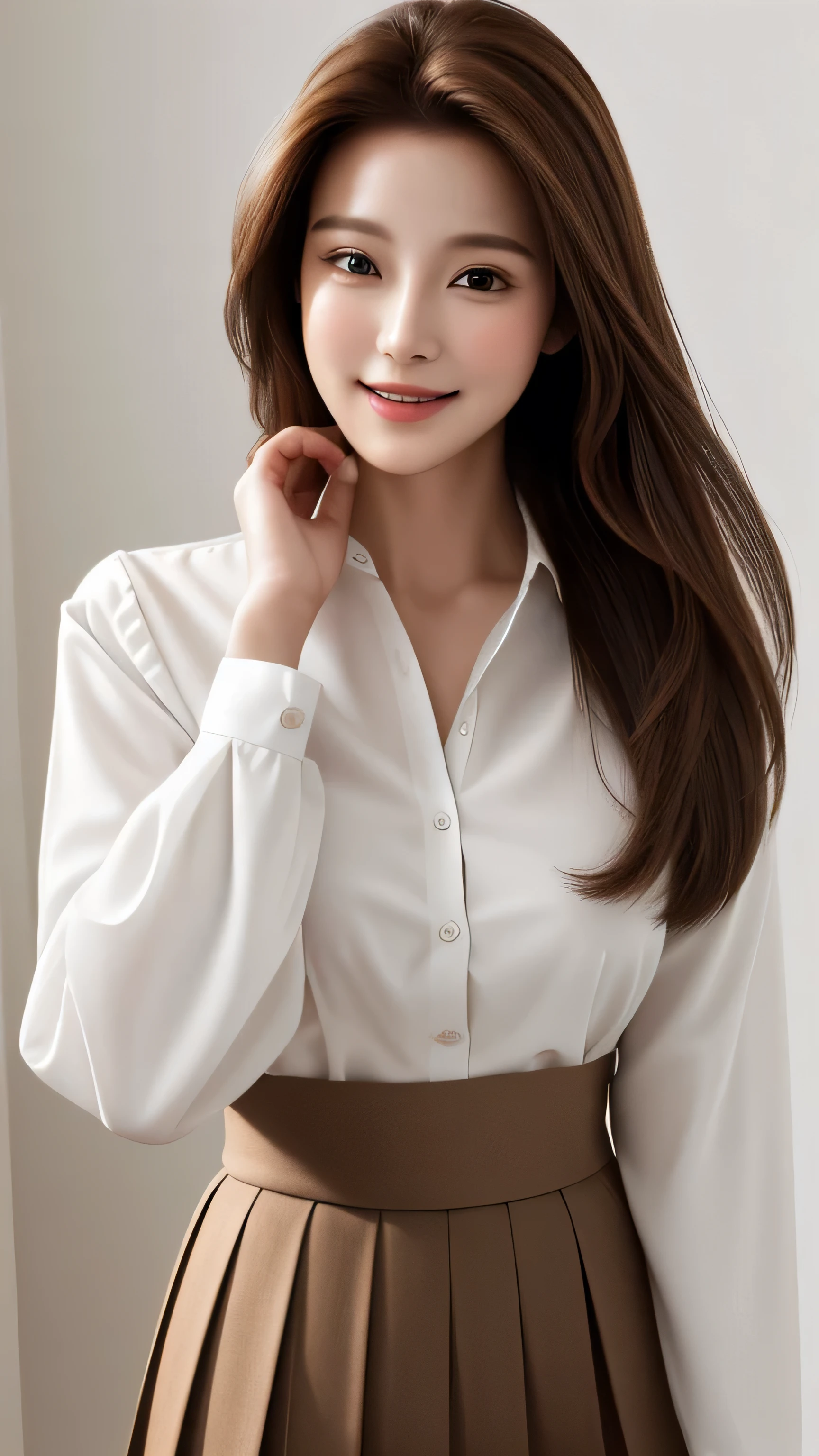 masterpiece, highest quality, Realistic, Super detailed, In detail, High resolution, 8k wallpaper, 1. Beautiful Women, Light brown hair, Sharp focus, Perfect dynamic composition, Beautiful fine details, Fine hair, Detailed and realistic skin texture, smile, Portraiture, Model Body Type,white long sleeve button up blouse_brown pleated mini skirt、full body portrait、From an oblique angle above、Long straight hair_Hair reaching down to the waist、Place your left hand gently on your chin