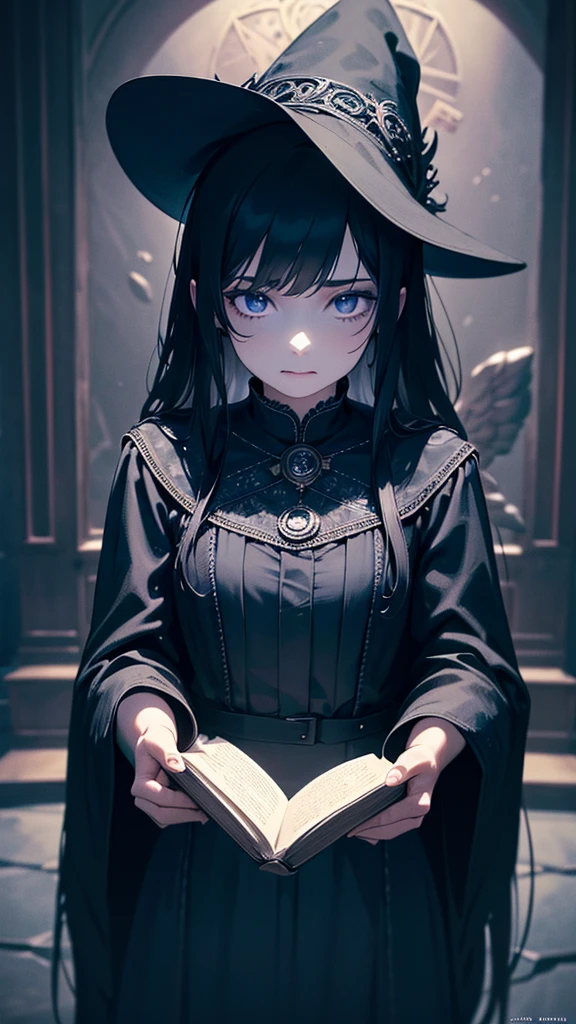 A mystical girl with long black hair, deep black eyes, wearing a navy blue witch's hat and dress, holding a book with a black magic circle, in a dimly lit European-style interior, with blue candle flames, (best quality,4k,8k,highres,masterpiece:1.2),ultra-detailed,(realistic,photorealistic,photo-realistic:1.37),dramatic lighting,intricate details,dark academia,fantasy,occult,moody,cinematic