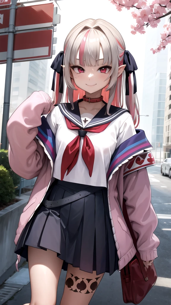 masterpiece, best quality, highres, ccrrm, long hair, two side up, hair ribbon, black ribbon, red collar, sailor collar, red neckerchief, serafuku, white shirt, pink jacket, sleeves past wrists, armband, open clothes, off shoulder, pleated skirt, leg tattoo, outdoors, cowbow shot, smile