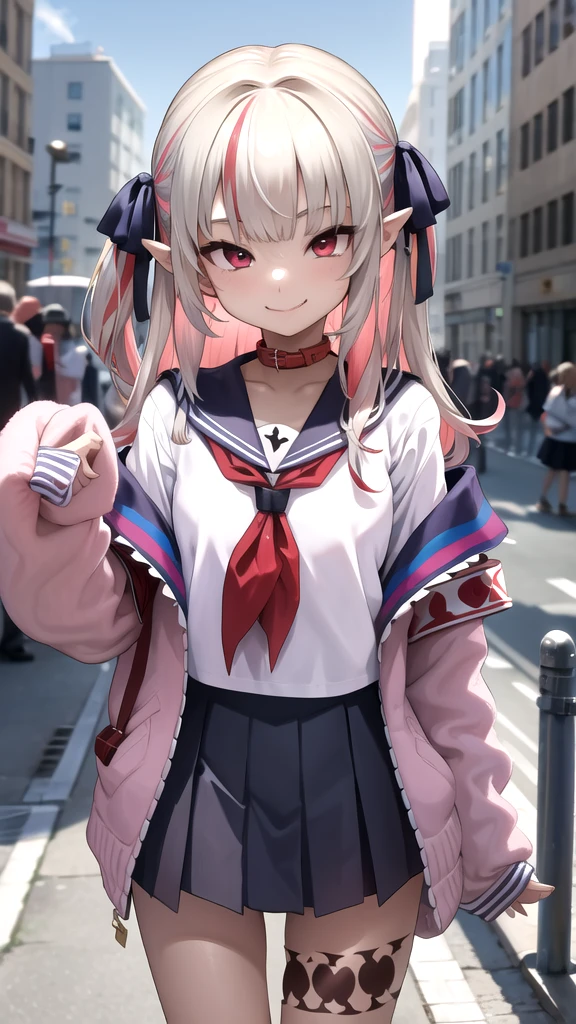 masterpiece, best quality, highres, ccrrm, long hair, two side up, hair ribbon, black ribbon, red collar, sailor collar, red neckerchief, serafuku, white shirt, pink jacket, sleeves past wrists, armband, open clothes, off shoulder, pleated skirt, leg tattoo, outdoors, cowbow shot, smile