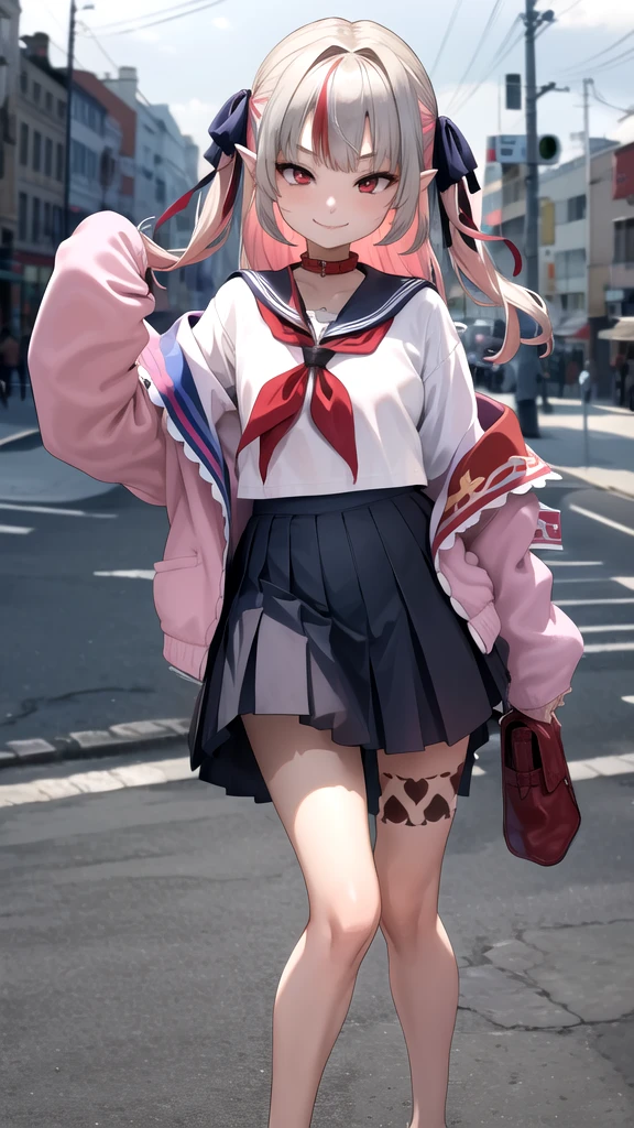 masterpiece, best quality, highres, ccrrm, long hair, two side up, hair ribbon, black ribbon, red collar, sailor collar, red neckerchief, serafuku, white shirt, pink jacket, sleeves past wrists, armband, open clothes, off shoulder, pleated skirt, leg tattoo, outdoors, cowbow shot, smile