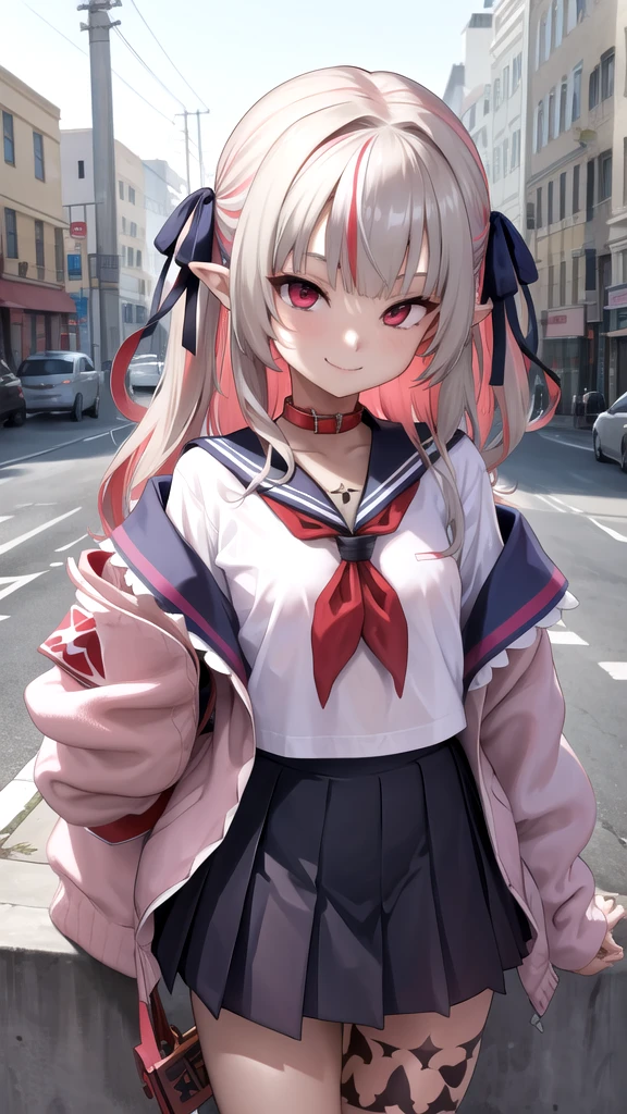 masterpiece, best quality, highres, ccrrm, long hair, two side up, hair ribbon, black ribbon, red collar, sailor collar, red neckerchief, serafuku, white shirt, pink jacket, sleeves past wrists, armband, open clothes, off shoulder, pleated skirt, leg tattoo, outdoors, cowbow shot, smile