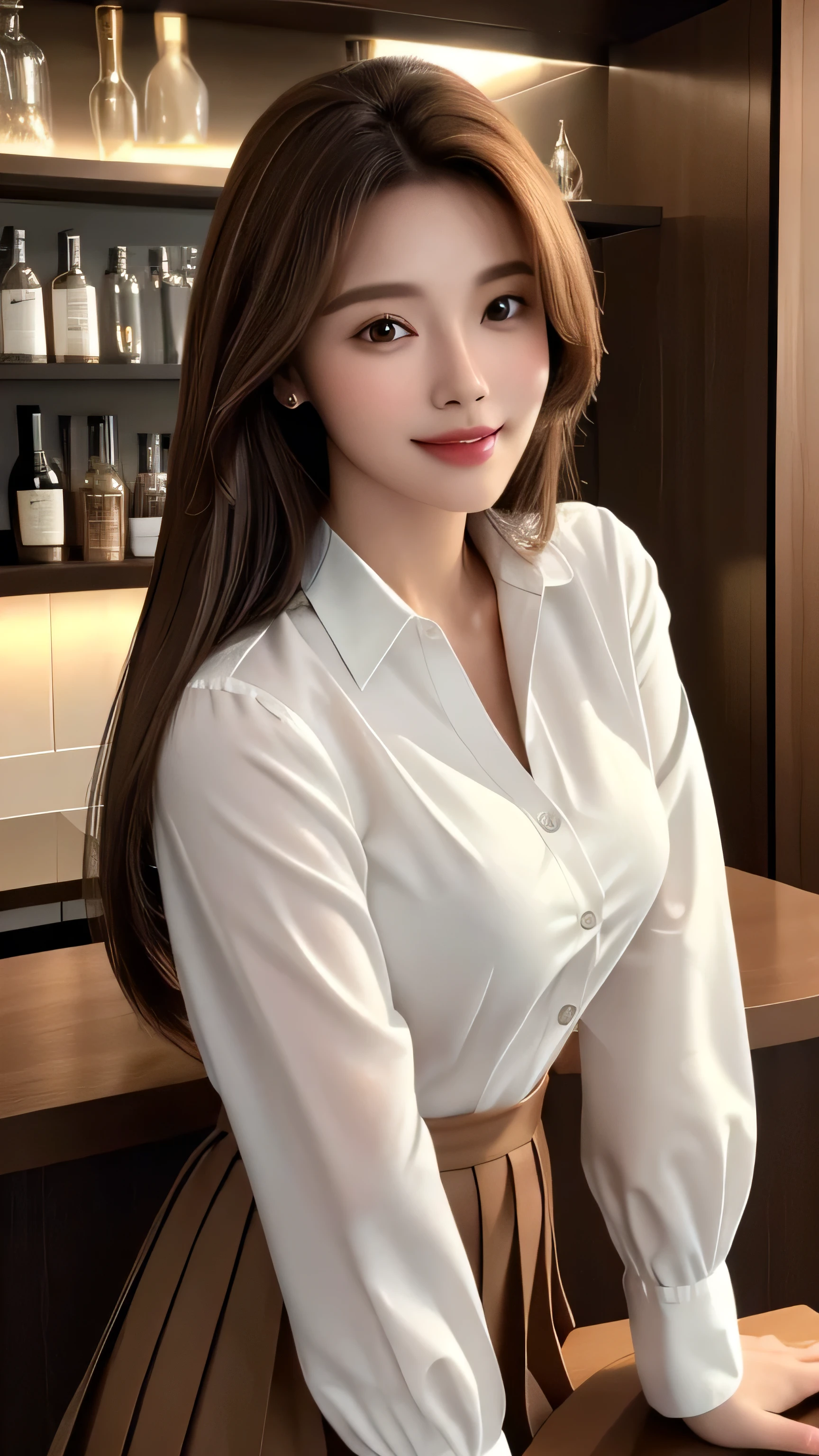 masterpiece, highest quality, Realistic, Super detailed, In detail, High resolution, 8k wallpaper, 1. Beautiful Women, Light brown hair, Sharp focus, Perfect dynamic composition, Beautiful fine details, Fine hair, Detailed and realistic skin texture, smile, Portraiture, Model Body Type,white long sleeve button up blouse_brown pleated mini skirt、full body portrait、From an oblique angle above、Long straight hair_Hair reaching down to the waist、Place your left hand gently on your chin、Sits on a bar chair by the counter in a seductive pose in a stylish bar at night