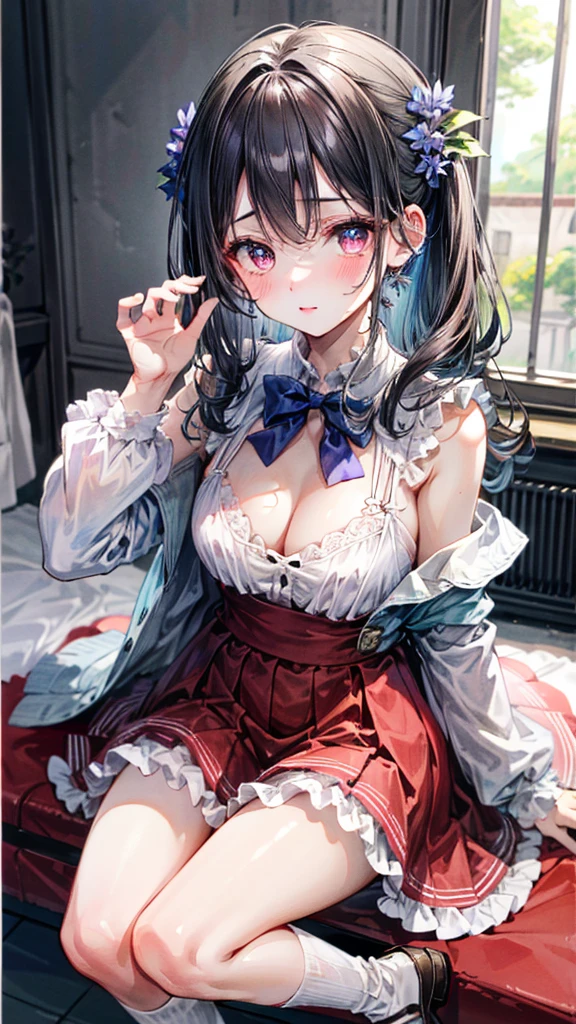 (Best quality, 8k, 32k, Masterpiece, UHD,:1.2),RAW, human, 1girl,ultra cute , ultra cute, natural lighting,transparent shining eyes, 20yo,medium breast ,femur, fair complexion , flushed face, a knee-length, full skirted dress featuring a delicate floral printin soft hues like pink, lavender or baby blue, ,BREAK, Layer with a ruffled petticoat