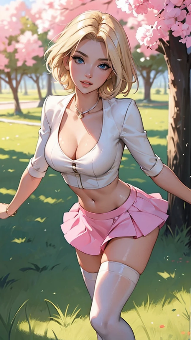 Highest Quality, ​masterpiece, beautifully detailed eyes,, short Blonde Hair, Gradient Hair, pink highlights in hair, large breasts, standing, makeup, glossy lips, full lips, (natural lighting), grass, cheerleader, light smile, midriff, collarbone, thigh highs, miniskirt, cleavage