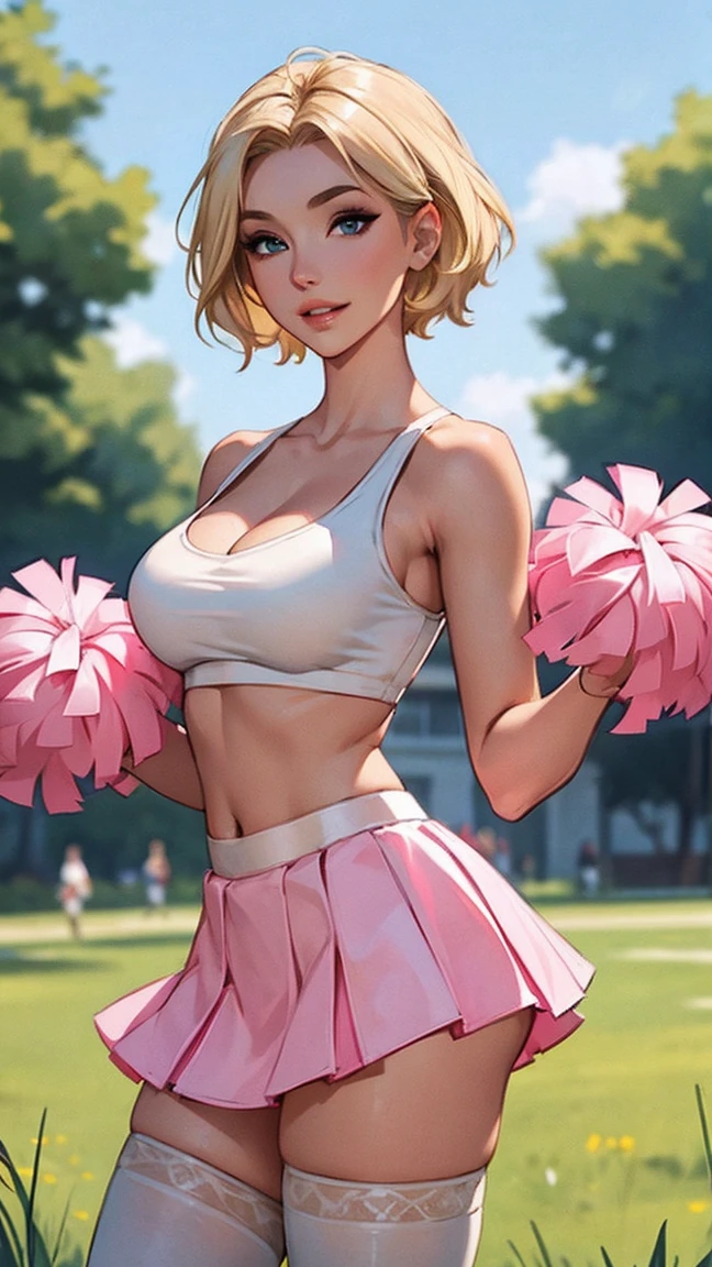 Highest Quality, ​masterpiece, beautifully detailed eyes,, short Blonde Hair, Gradient Hair, pink highlights in hair, large breasts, standing, makeup, glossy lips, full lips, (natural lighting), grass, cheerleader, light smile, midriff, collarbone, thigh highs, miniskirt, cleavage