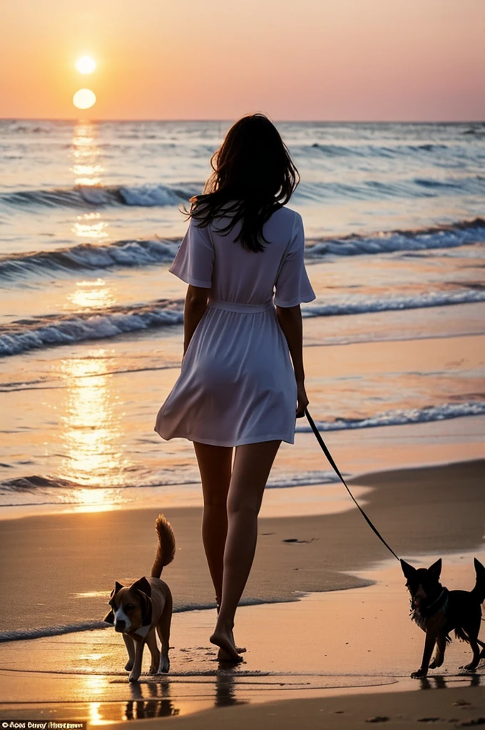 There was a beautiful girl strolling on the beach at sunset by the sea, she picked up her phone and took pictures as she walked A dog followed